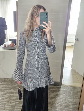 J.Crew Checked - Smocked Ruffle-Hem Long Sleeve Dress Or Top - Black & White